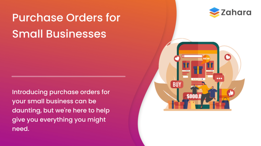 PO Sytem for small businesses Illustration promoting streamlined purchase orders for small businesses, showcasing a large smartphone as people engage with various purchasing elements.
